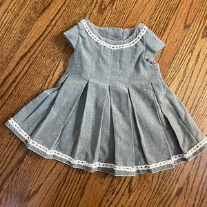 Gray Formal Lined Dress with Metallic Gold Piping and Button Back